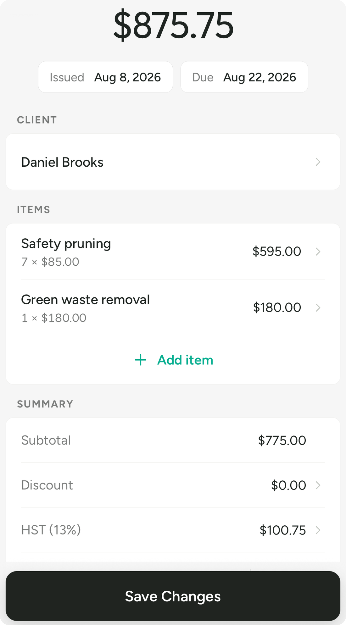 The Invoice Mint invoice editor: an $875.75 total, issue and due dates, saved client, line items, discount and HST.
