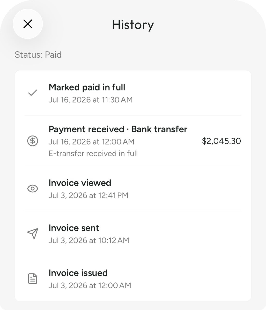 An Invoice Mint document history: invoice issued, sent and viewed, then a $2,045.30 bank transfer recorded and the invoice marked paid in full.