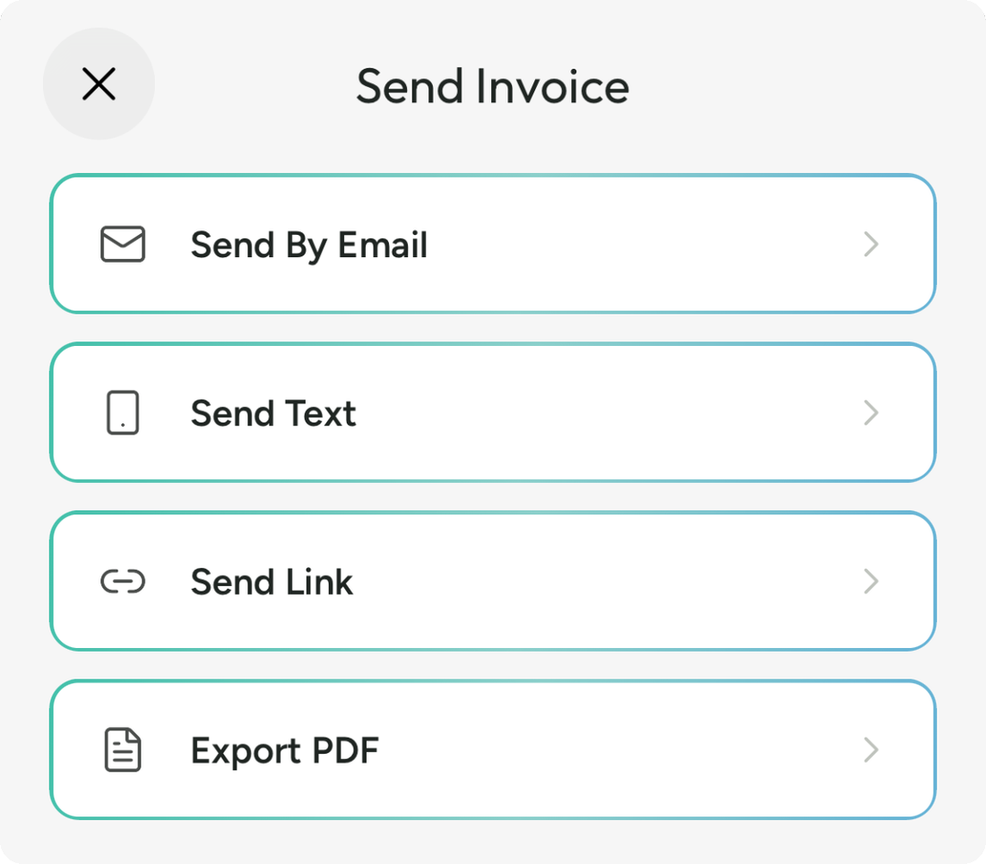 Invoice Mint send options: Send By Email, Send Text, Send Link and Export PDF.